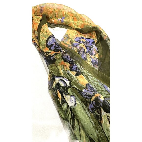 VTG Vincent Van Gogh Silk Scarf Irises Purple Orange Green Lightweight 60x20” - Picture 4 of 8